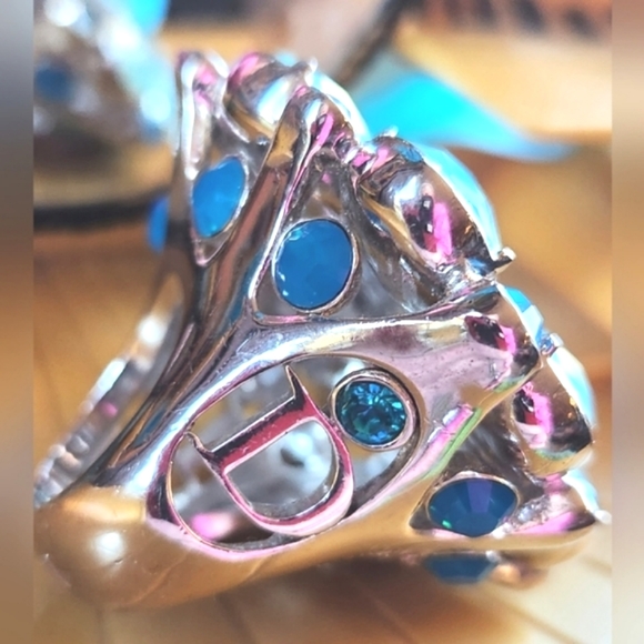 DIOR GLAM Turquoise Blues Silver MEGA Sparkly Rhinestones Gaudy Cocktail RING 2" - Picture 5 of 16